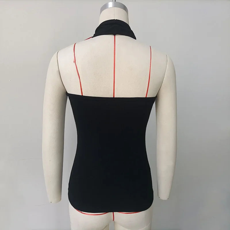 TARUXY Sexy Hollow Metal Ring Crop Top Women Halter Tanks Black Off Shoulder Short Vest Female Summer Slim Backless Streetwear