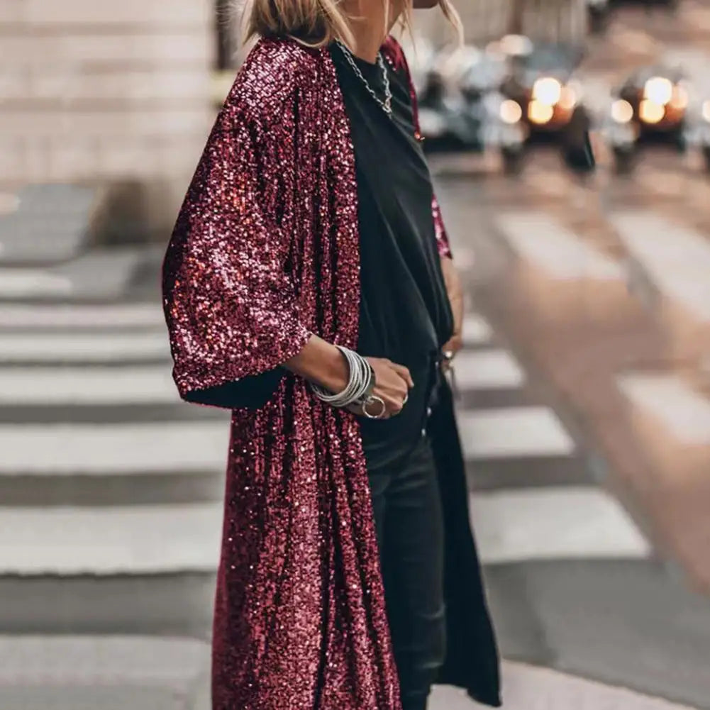 Classic Gown Cape Skin-touch Cardigan Coat No Buttons Party Shiny Glitter Coat Outerwear  Windproof