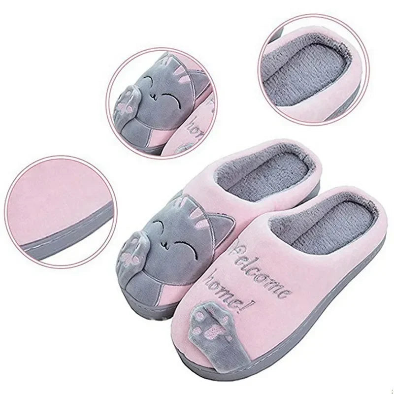 Women Winter Warm Slippers Cartoon Cat Shoes Furry Plush Slides Round Toe Flats