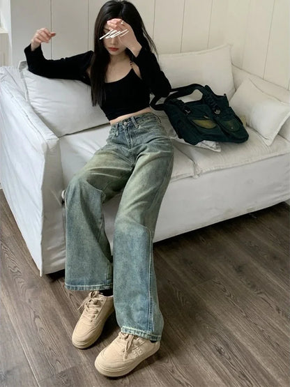 Shop Y2K Baggy Wide-Leg Jeans - Vintage Washed Denim Pants for Women
