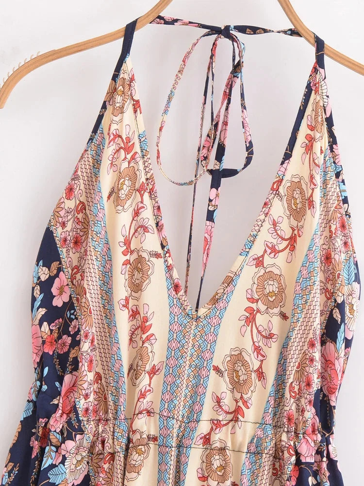 Happie Queens Women Wild Floral Open Back Sexy High-Low Beach Bohemian Dress Lady Tassel Strapless Vacation Summer Boho Dress