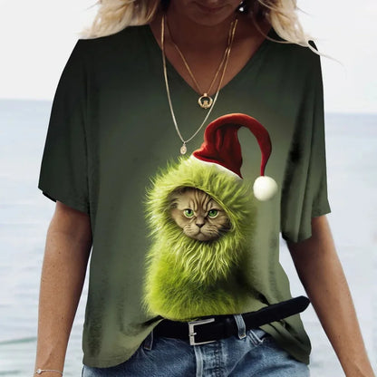 Fashion Women's T-shirt Cat Printed Short Sleeve Female Harajuku Tees Ladies T Shirt Oversized V-neck Tops Animal Women Clothing