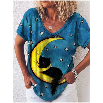 Fashion Woman Blouses 2022 T-shirt Women's 3d Cats Print Black Kawaii V-neck T Shirt Female Clothing Oversized Summer Tops Tees