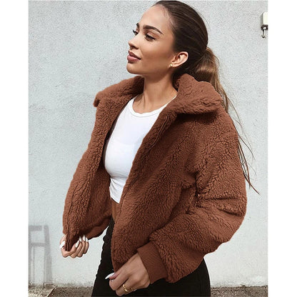 Shop Women's Teddy Fleece Hoodie - Casual Zipper Lapel Coat