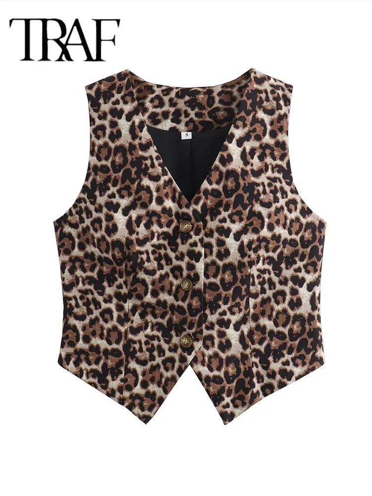 TRAF Women's Vest 2024 Fashion Leopard Summer V-Neck Single-breasted Vest Top Ladies Casual Cropped Sleeveless Coat New In Vests