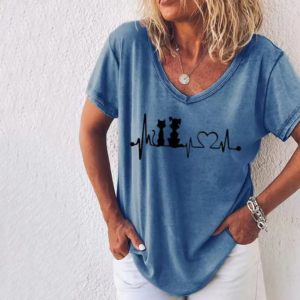 Fashion Woman Blouses 2022 T-shirt Women's 3d Cats Print Black Kawaii V-neck T Shirt Female Clothing Oversized Summer Tops Tees