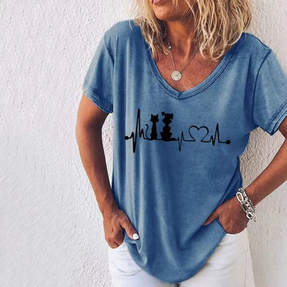 Fashion Woman Blouses 2022 T-shirt Women's 3d Cats Print Black Kawaii V-neck T Shirt Female Clothing Oversized Summer Tops Tees