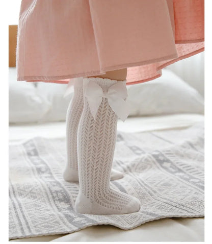 Summer Mesh Baby Girls Socks Cute Big Bows Soft Cotton Elastic White Red Newborn Stockings Knee High Long for Toddler Socks