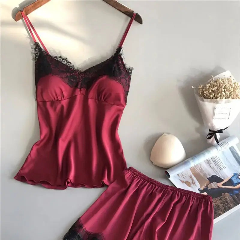 Women V-Neck Satin Lace Babydoll Pajama Set Sleepwear