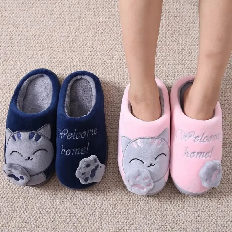 Women Winter Warm Slippers Cartoon Cat Shoes Furry Plush Slides Round Toe Flats