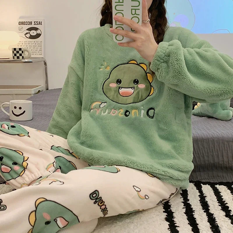 Shop Cozy Dinosaur Print Flannel Sleepwear Set for Women - Long Sleeve & Warm