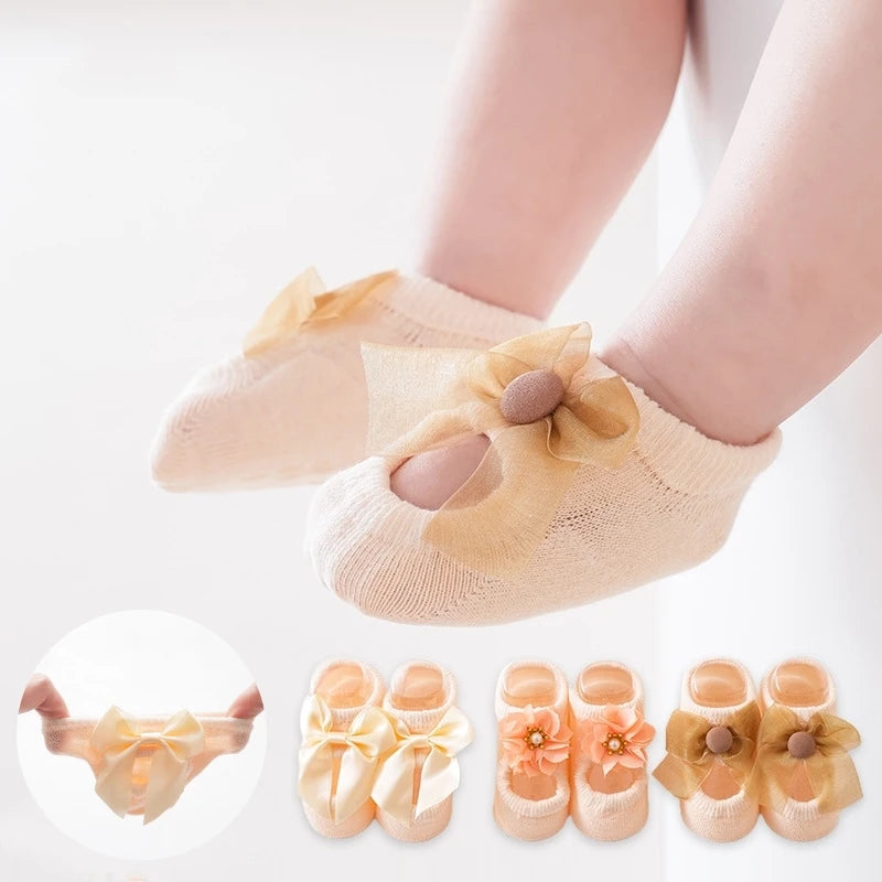 3 Pairs Baby Girl Ankle Socks Lace Bow Infant Anti Slip Socks Newborn Princess Pearl Low Cut Socks Children Home Floor Shoes