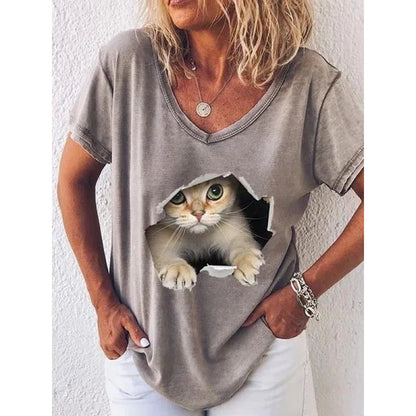 Fashion Woman Blouses 2022 T-shirt Women's 3d Cats Print Black Kawaii V-neck T Shirt Female Clothing Oversized Summer Tops Tees