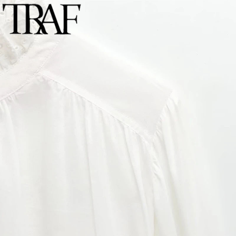 TRAF 2025 Woman Fashion Casual Breathable Hollowed Out Embroidered Top Slim Single Breasted Shirts Spring