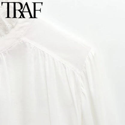 TRAF 2025 Woman Fashion Casual Breathable Hollowed Out Embroidered Top Slim Single Breasted Shirts Spring
