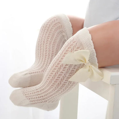 Summer Mesh Baby Girls Socks Cute Big Bows Soft Cotton Elastic White Red Newborn Stockings Knee High Long for Toddler Socks