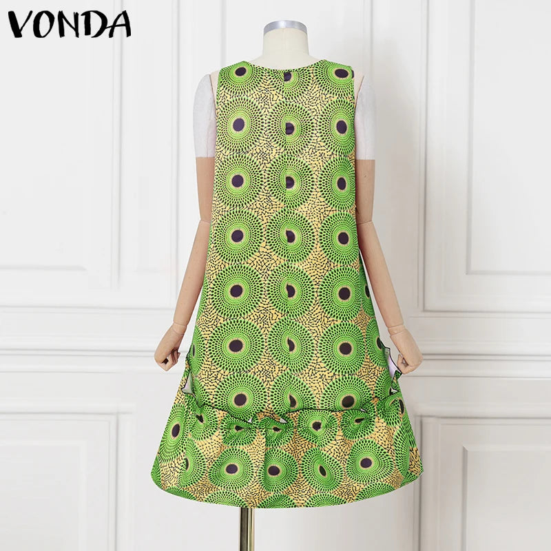 VONDA Bohemian Dress Women Printed Sleeveless Summer Sundress 2025 Loose Casual Ruffled Party Vestidos Oversized Mid-Calf Robe