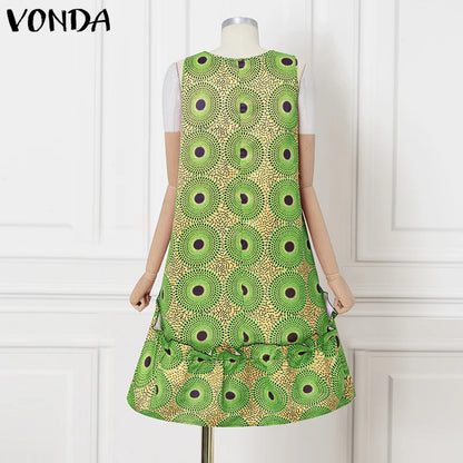 VONDA Bohemian Dress Women Printed Sleeveless Summer Sundress 2025 Loose Casual Ruffled Party Vestidos Oversized Mid-Calf Robe