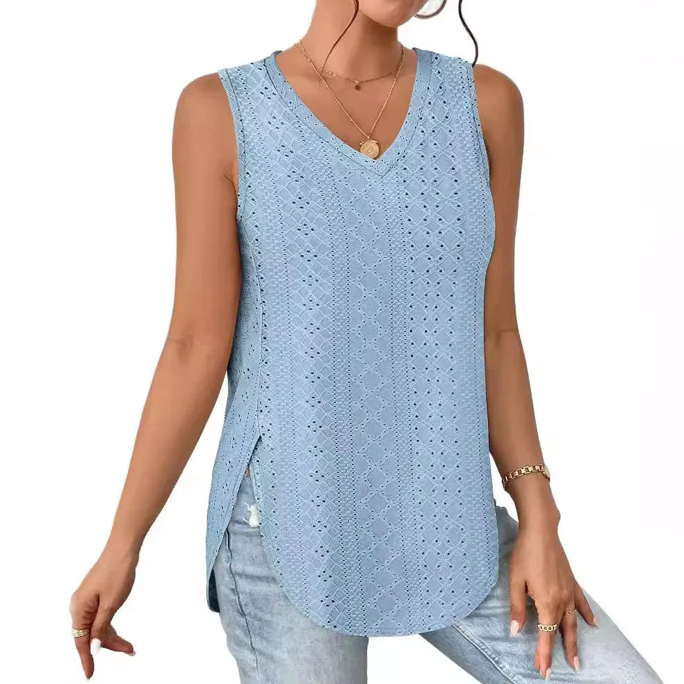 Spring Summer New Pure Color V-neck Slit T-shirt Vest Women Cross-Border Independent Station Sleeveless Polyester Fiber