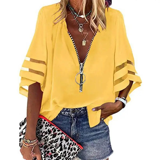 Women's Casual Loose V-neck Half-flat Sleeve Blouse 2025 Spring Summer Tops Streetwear Ladies Spliced zipper Solid Shirts