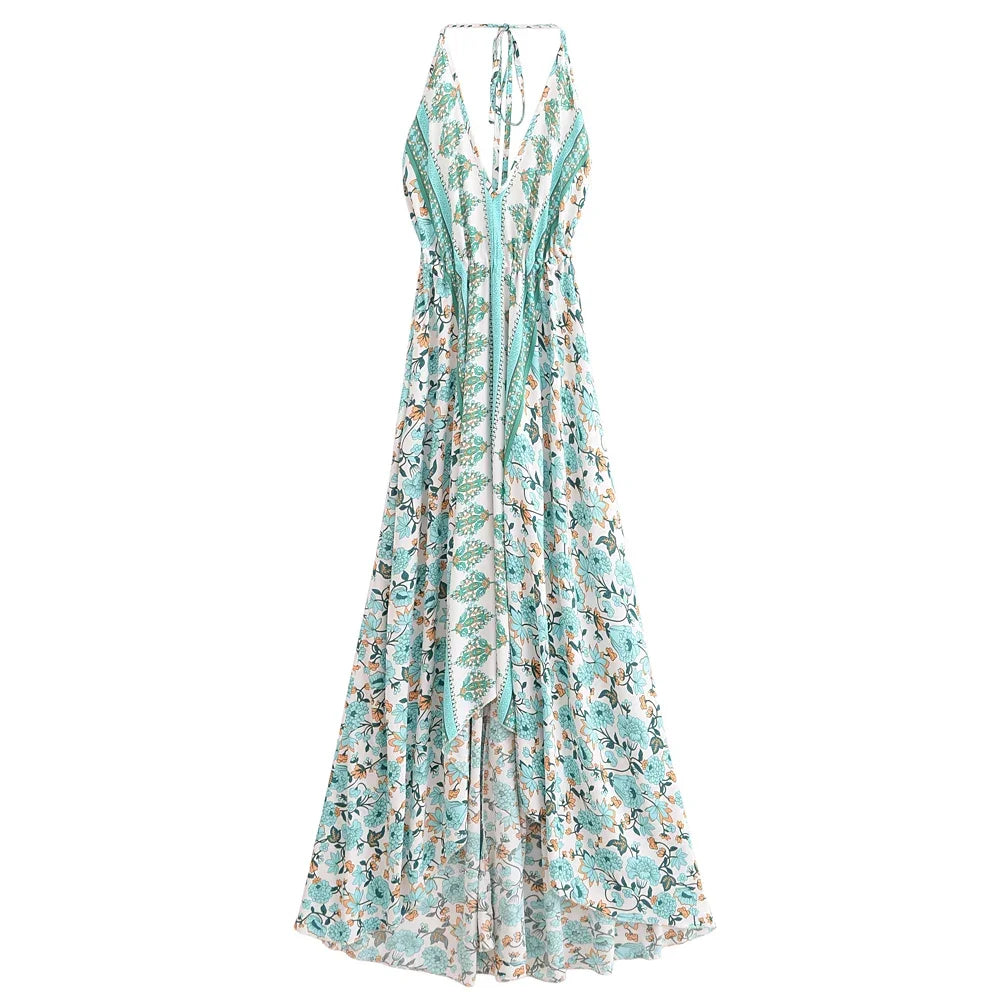 Happie Queens Women Wild Floral Open Back Sexy High-Low Beach Bohemian Dress Lady Tassel Strapless Vacation Summer Boho Dress