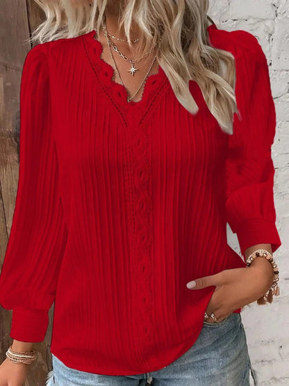 Shop Elegant V-Neck Lace Chiffon Shirt for Women - Stylish Lantern Sleeve Top