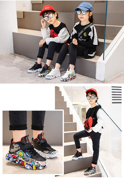 Size 26-36 Children Sports Sneakers for Girls Kid Cartoon Graffiti Pattern Casual Shoes Boys Basketball Shoe chaussures de sport