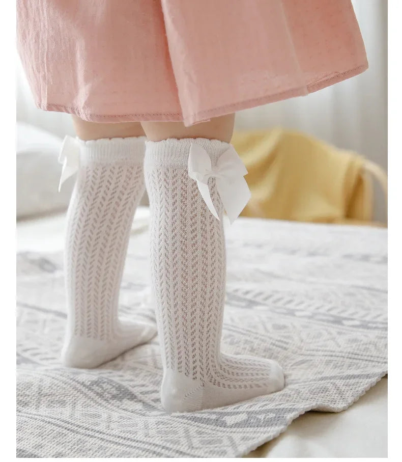 Summer Mesh Baby Girls Socks Cute Big Bows Soft Cotton Elastic White Red Newborn Stockings Knee High Long for Toddler Socks