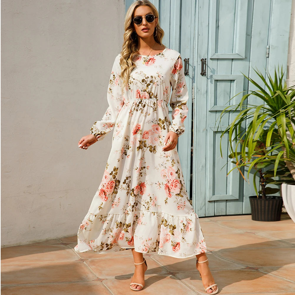 sping Summer Bohemian Women Maxi Dress Casual Long Sleeve High Waist Beach Woman Chiffon Dresses Floral Vestidoes Mujer New