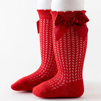 Summer Mesh Baby Girls Socks Cute Big Bows Soft Cotton Elastic White Red Newborn Stockings Knee High Long for Toddler Socks