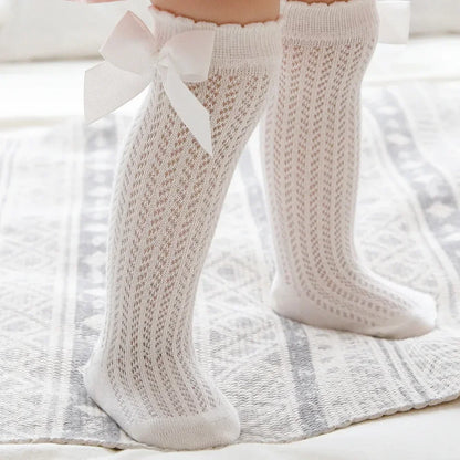Summer Mesh Baby Girls Socks Cute Big Bows Soft Cotton Elastic White Red Newborn Stockings Knee High Long for Toddler Socks