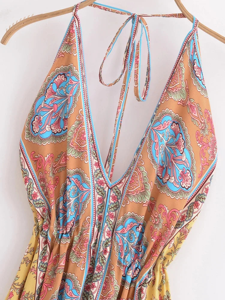 Happie Queens Women Wild Floral Open Back Sexy High-Low Beach Bohemian Dress Lady Tassel Strapless Vacation Summer Boho Dress