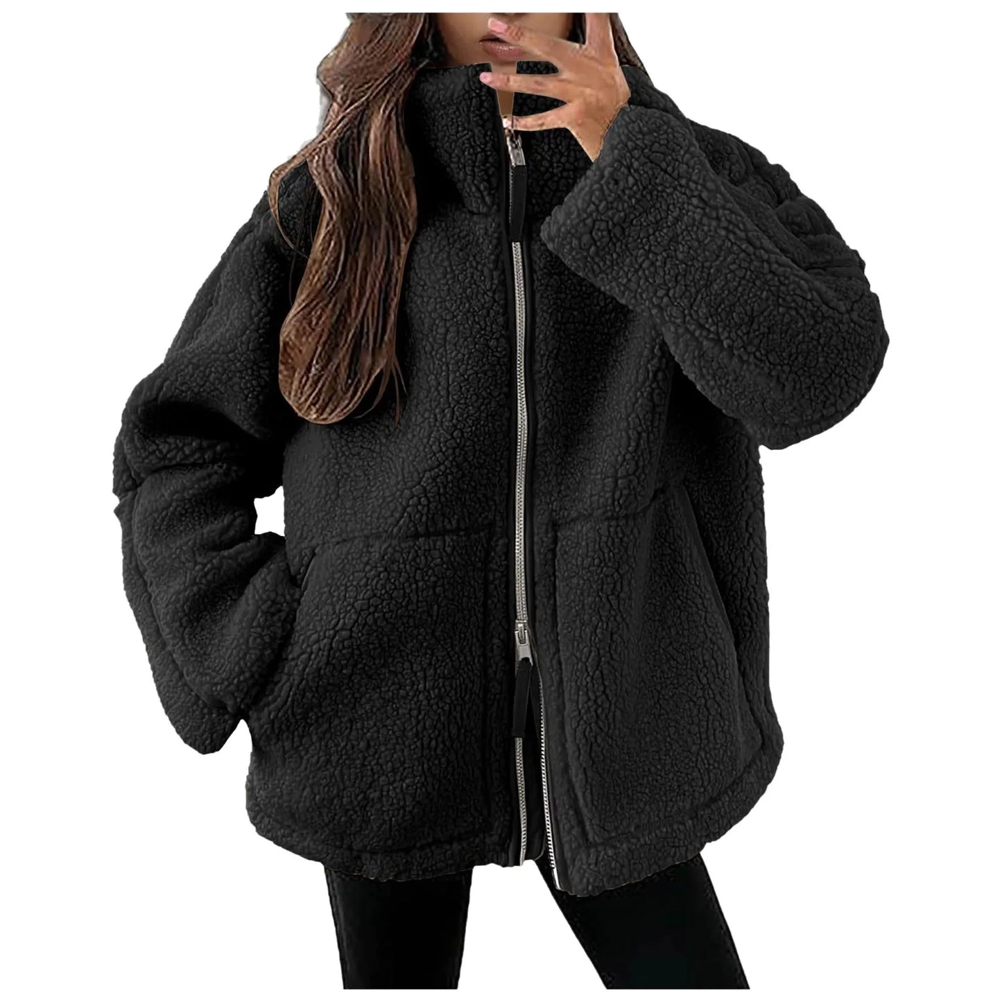 Shop Women's Oversized Fuzzy Fleece Jacket - Sherpa Teddy Coat with Double Zip