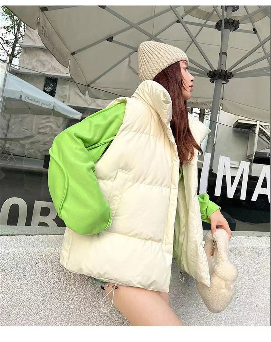 Women Fashion Autumn New 2024 Stand Collar Elegant Down Coats Warm Outerwear Casual Belt Sleeveless Winter Women Vests Jackets