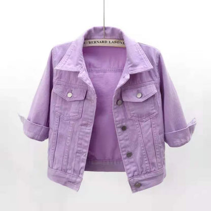 Shop Women's Short Denim Jacket - Casual Spring/Autumn Outerwear in Trendy Colors