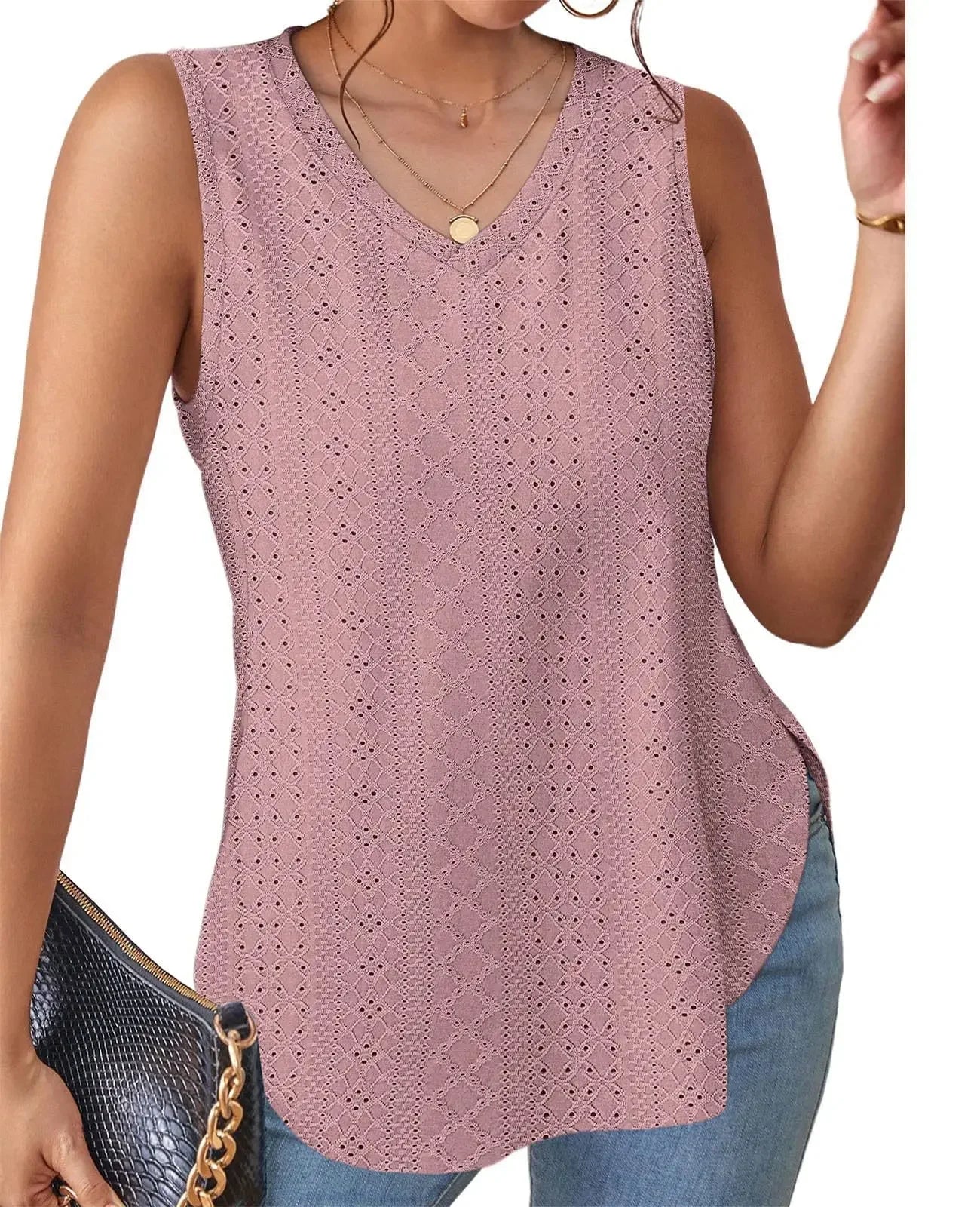 Spring Summer New Pure Color V-neck Slit T-shirt Vest Women Cross-Border Independent Station Sleeveless Polyester Fiber