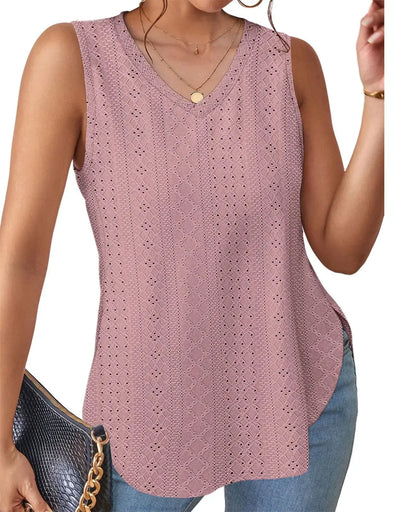 Spring Summer New Pure Color V-neck Slit T-shirt Vest Women Cross-Border Independent Station Sleeveless Polyester Fiber