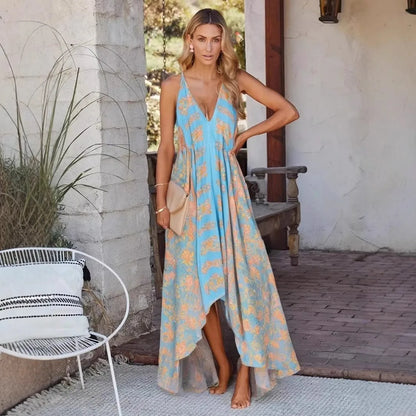 Happie Queens Women Wild Floral Open Back Sexy High-Low Beach Bohemian Dress Lady Tassel Strapless Vacation Summer Boho Dress
