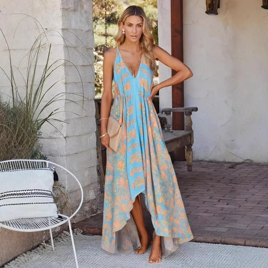 Happie Queens Women Wild Floral Open Back Sexy High-Low Beach Bohemian Dress Lady Tassel Strapless Vacation Summer Boho Dress