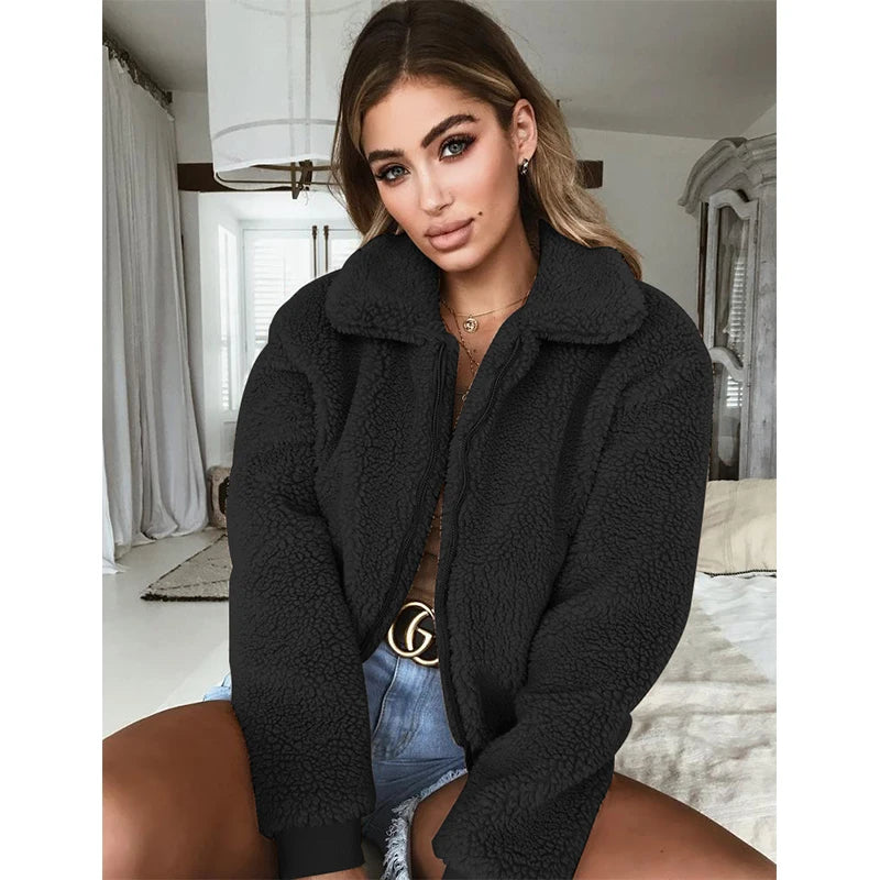 Shop Women's Teddy Fleece Hoodie - Casual Zipper Lapel Coat
