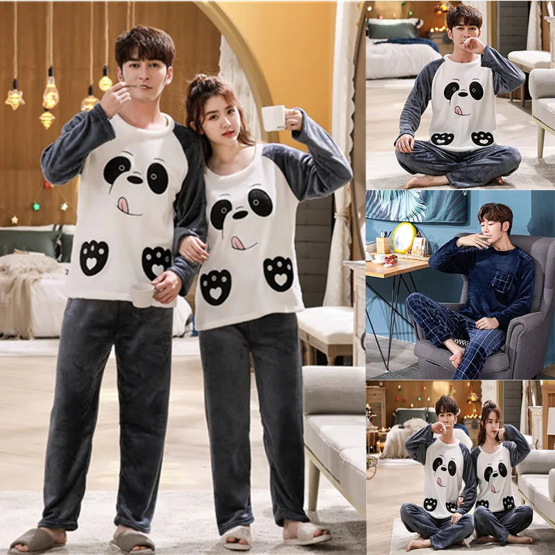 Thickened Warm Spring Fall and Winter Pajamas 2PCS/Set Men and Women Couple Homewear Flannel Long-Sleeved Cartoon Soft Nightwear