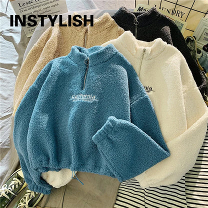 Shop Women's Fleece Cropped Hoodie - Embroidered Stand Neck Sweatshirt