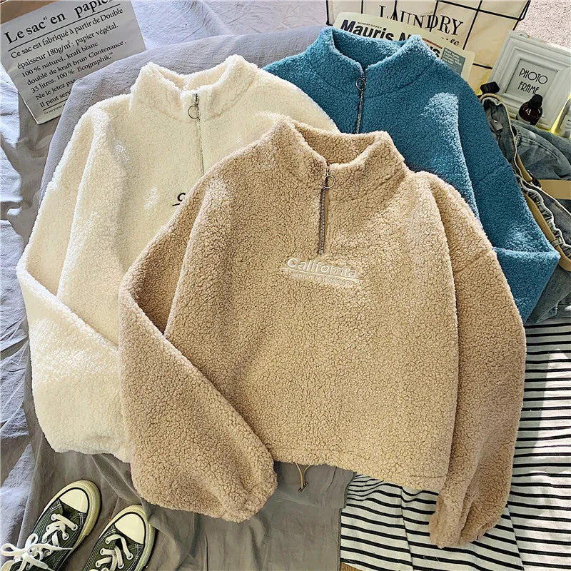 Shop Women's Fleece Cropped Hoodie - Embroidered Stand Neck Sweatshirt
