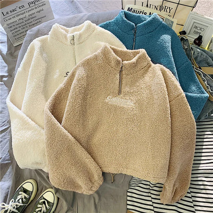Shop Women's Fleece Cropped Hoodie - Embroidered Stand Neck Sweatshirt