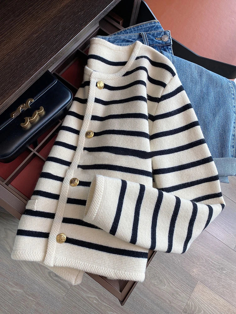 Shop Trendy O-neck Striped Knit Cardigan - Women's Casual Long Sleeve Top