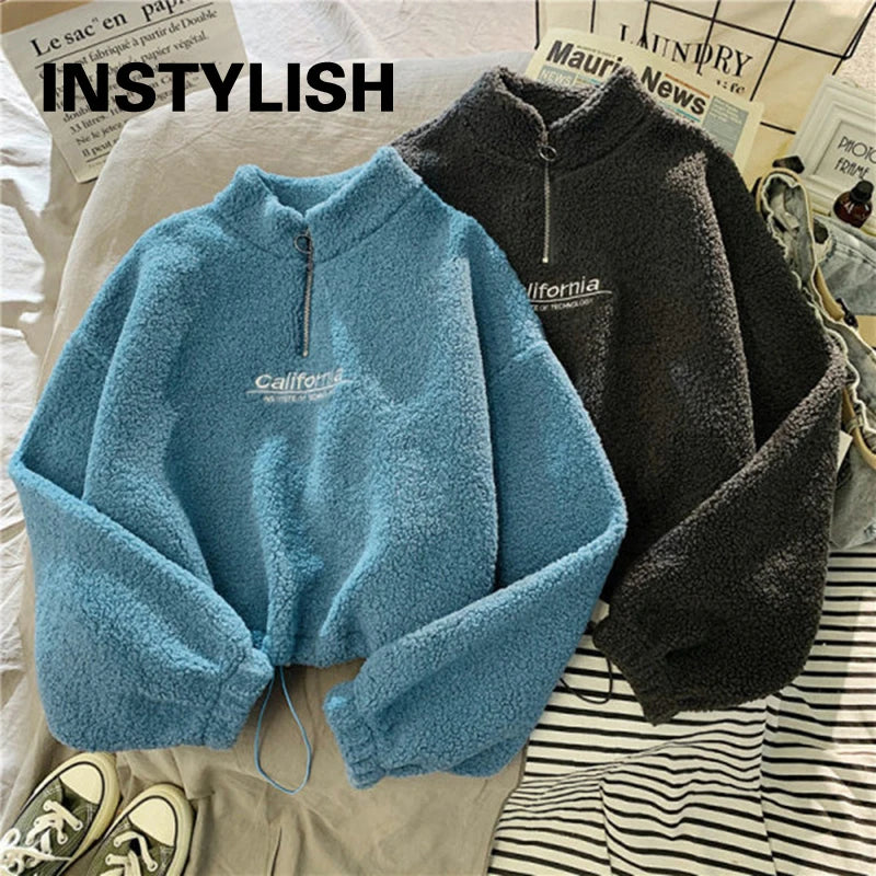 Shop Women's Fleece Cropped Hoodie - Embroidered Stand Neck Sweatshirt