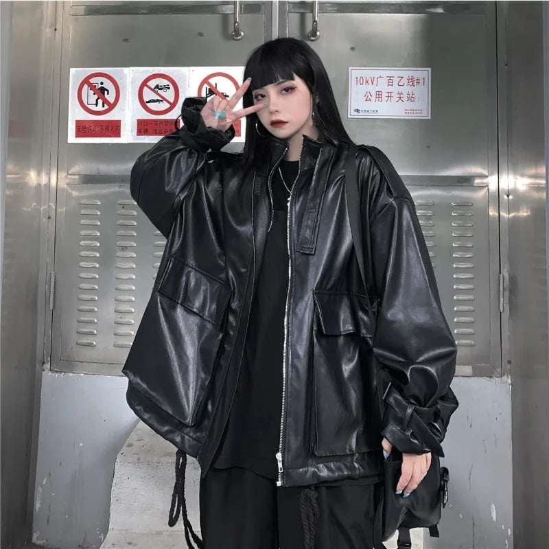 Deeptown Goth Leather Jacket Women Gothic Oversized Zipper Harajuku Fashion Streetwear Jacket Female Dark Academia Loose Black