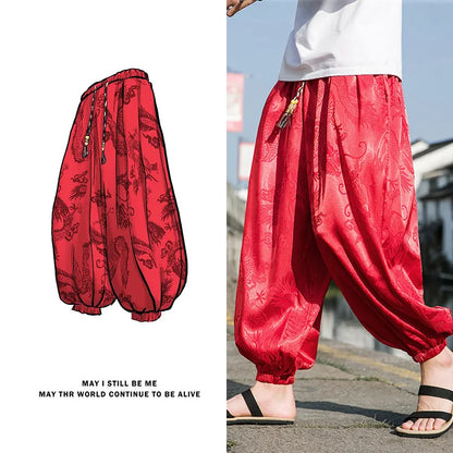 FGKKS 2023 Outdoor Brand Pants For Men Lce Silk Dragon Dark Flower Loose Bloomers High Quality Wide Leg Casual Trousers Male