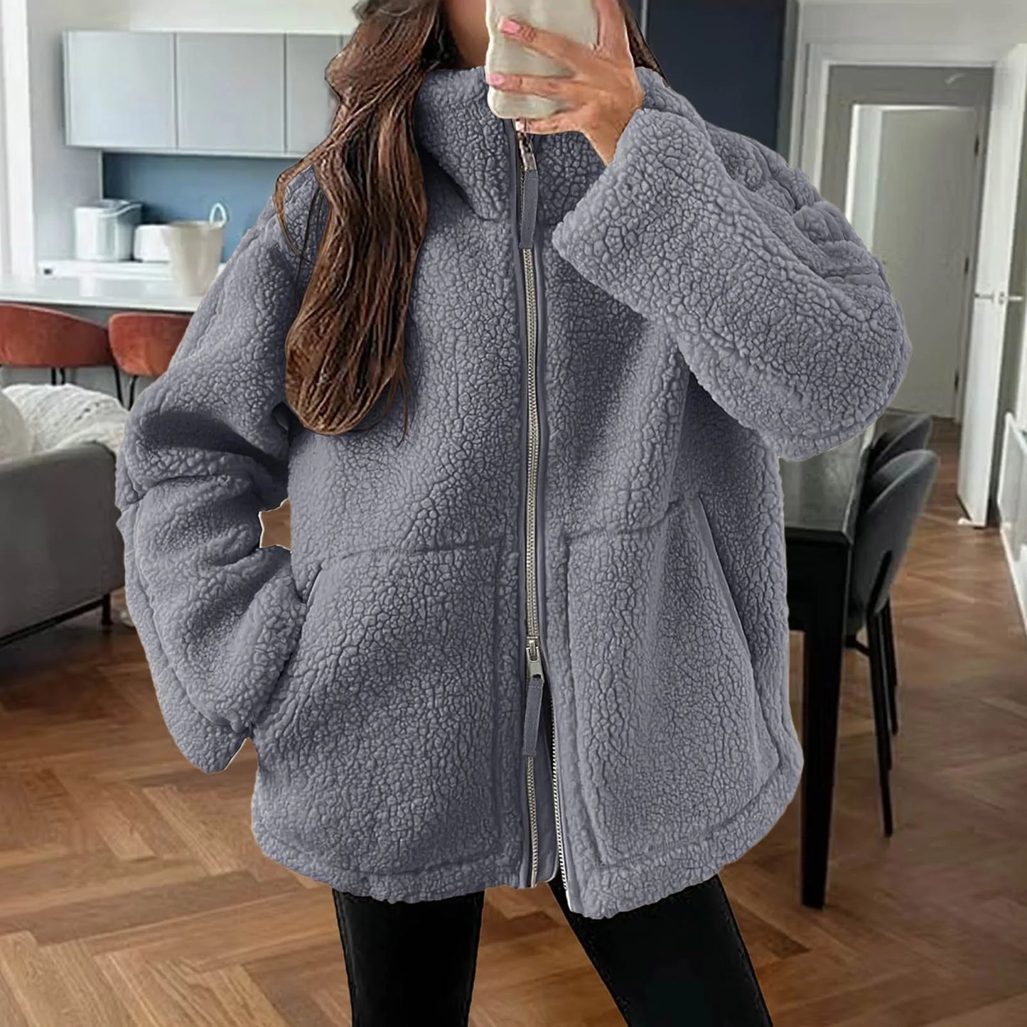 Shop Women's Oversized Fuzzy Fleece Jacket - Sherpa Teddy Coat with Double Zip