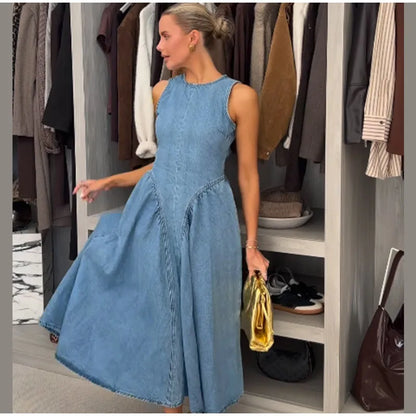 Fashion Solid Long Denim Vestidos Women Sleeveless OffShoulder Lace Up Backless Square Neck Jeans Dresses 2025 Chic Street Wear